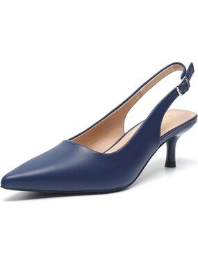 Women's Navy PU Low Kitten Heel Slingback Pump Pointed Toe Heeled Sandals